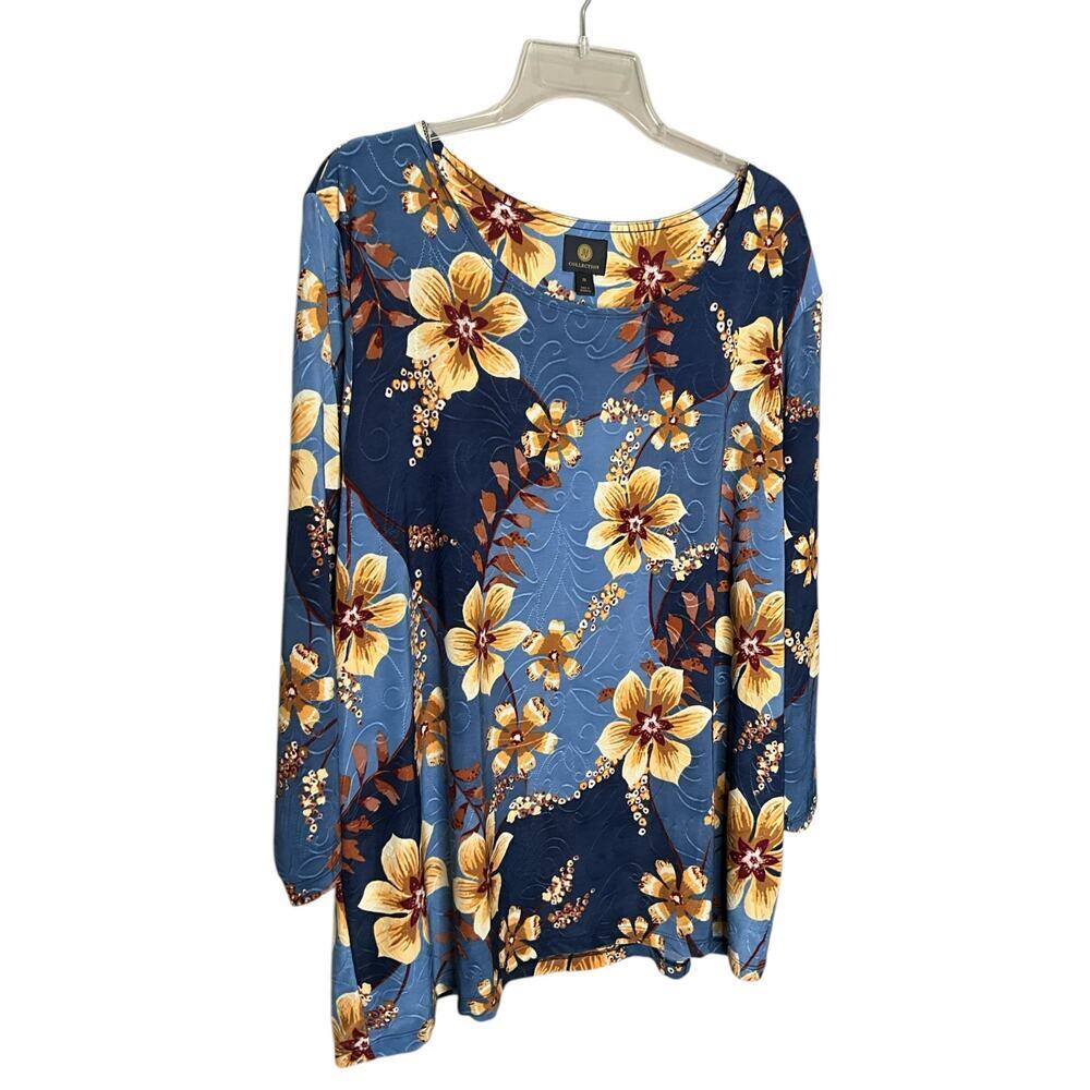 JM Collection Floral Tunic‎ Blouse Long Sleeve Stretch Blue Plus Size 3X NEW